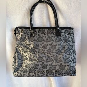 Floral Black and Gray Tote Bag with Detachable Pouch
